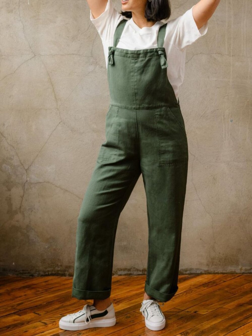 NEW Able All-Day Jumpsuit olive green linen cotton overalls wide leg everyday XS